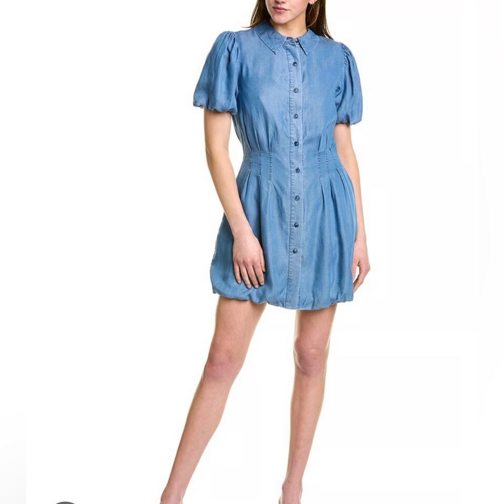 NWT Walter Baker Large Blue Chambray Dress Shyla Bubble Hem Puff Sleeve Pleated